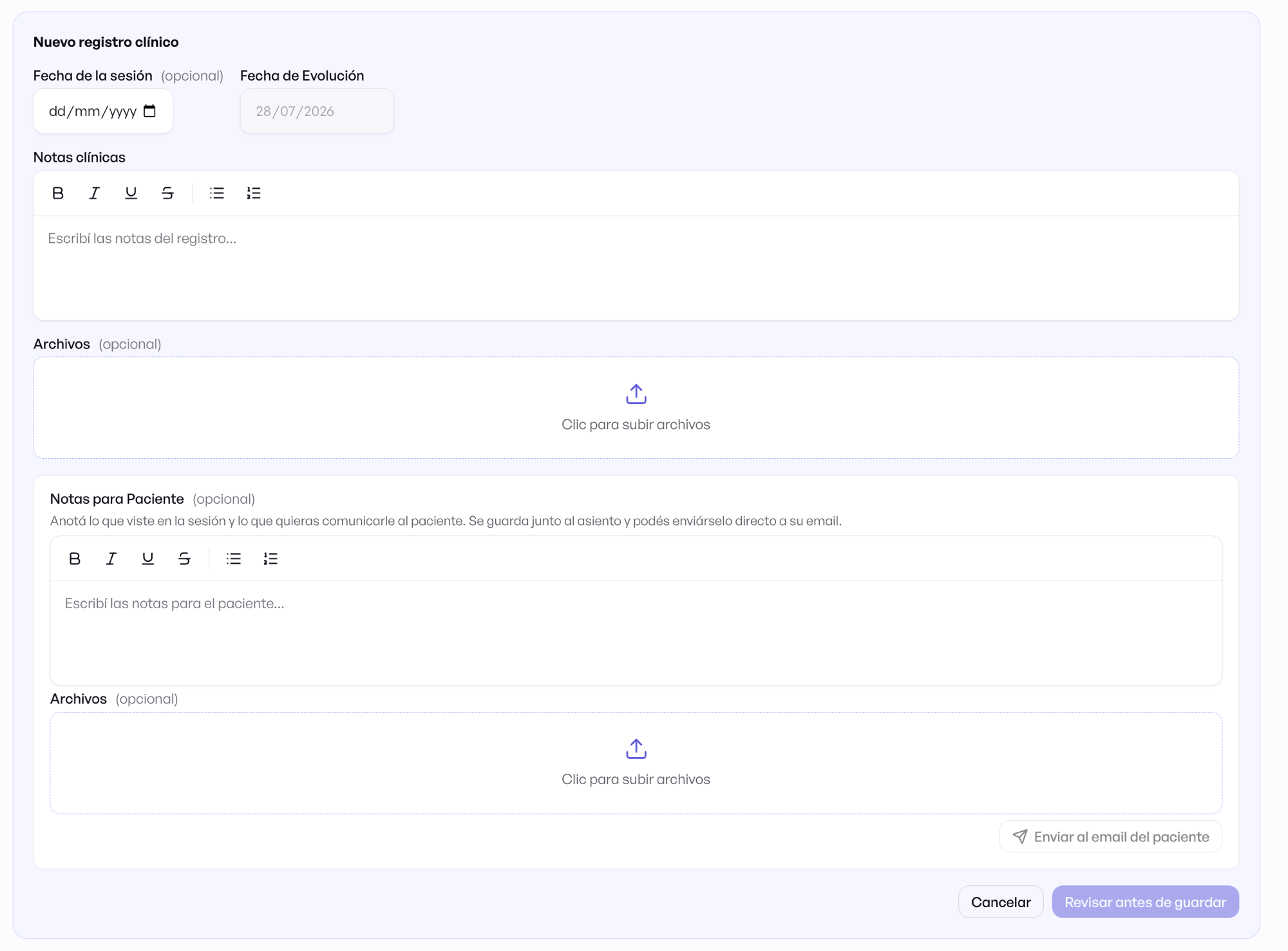 Pantalla de registro de historia clínica en Clínica Online